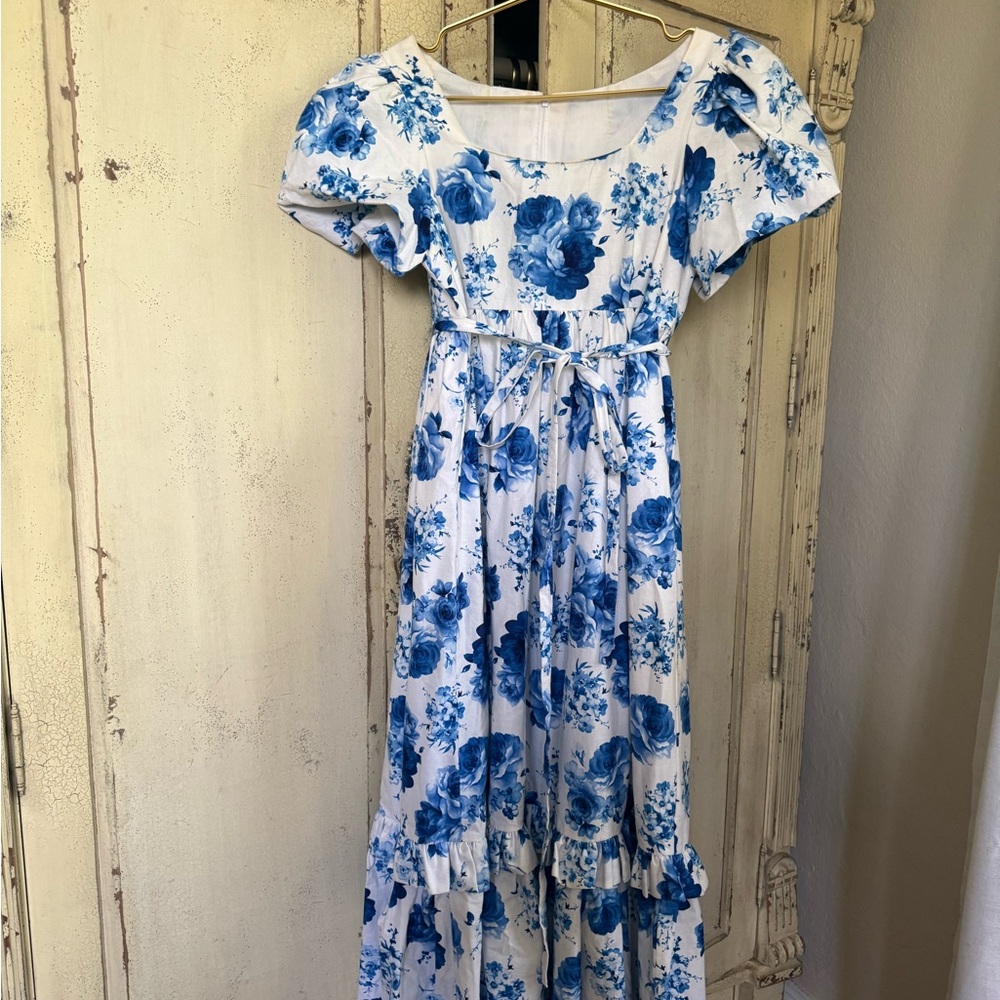 Handmade Blue Floral Cotton Dress with Tie Waist